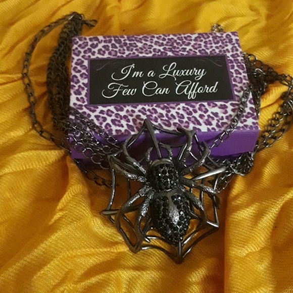Jewelry - New Blk Chrome Spider in Web Rhinestone Necklace Jewelry - New Blk Chrome Spider in Web Rhinestone Necklace